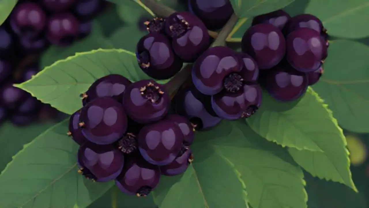 Bayas moradas oscuras sobre hojas verdes
