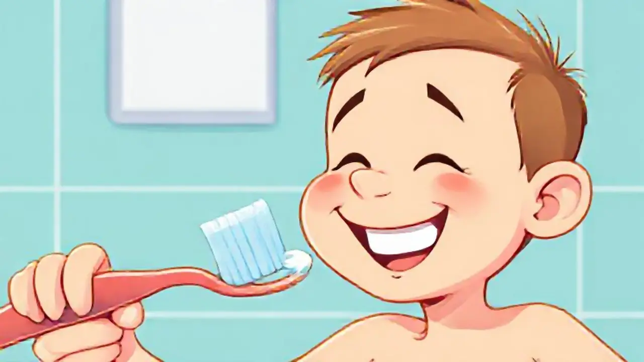 Niño sonriente junto a un cepillo de dientes
