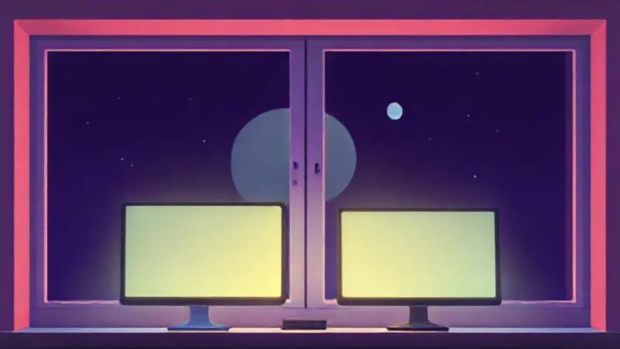 Dos pantallas brillantes junto a una ventana