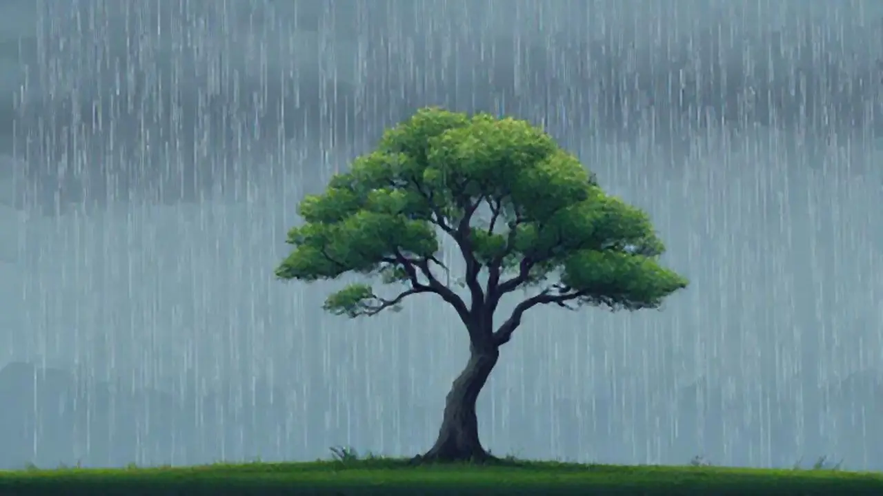 Lluvia gris sobre un árbol solitario