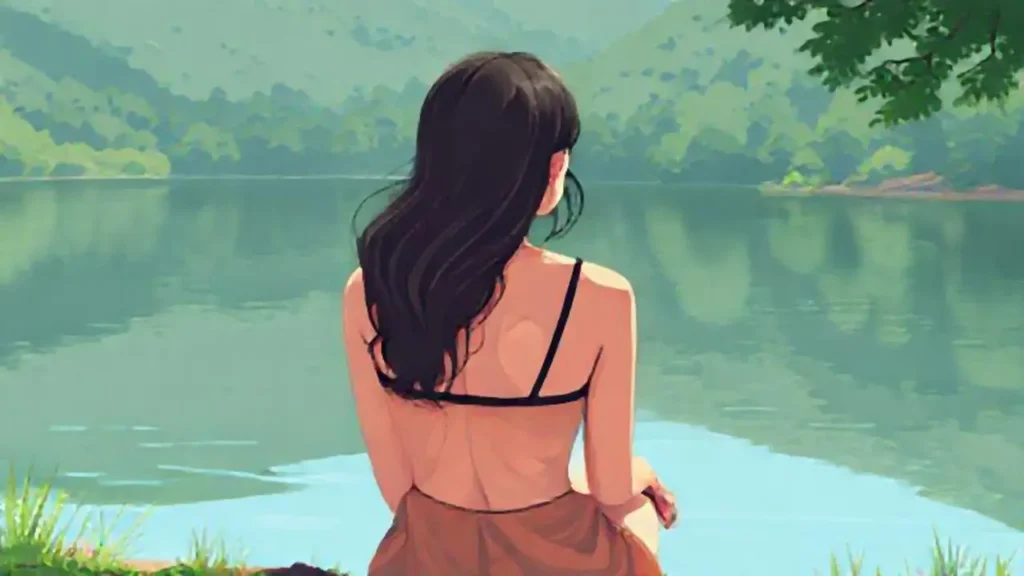 Mujer junto a un lago tranquilo