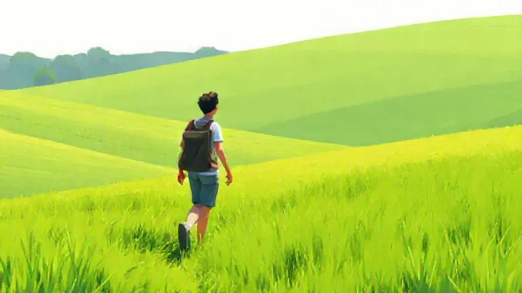 Hombre camina por el campo verde