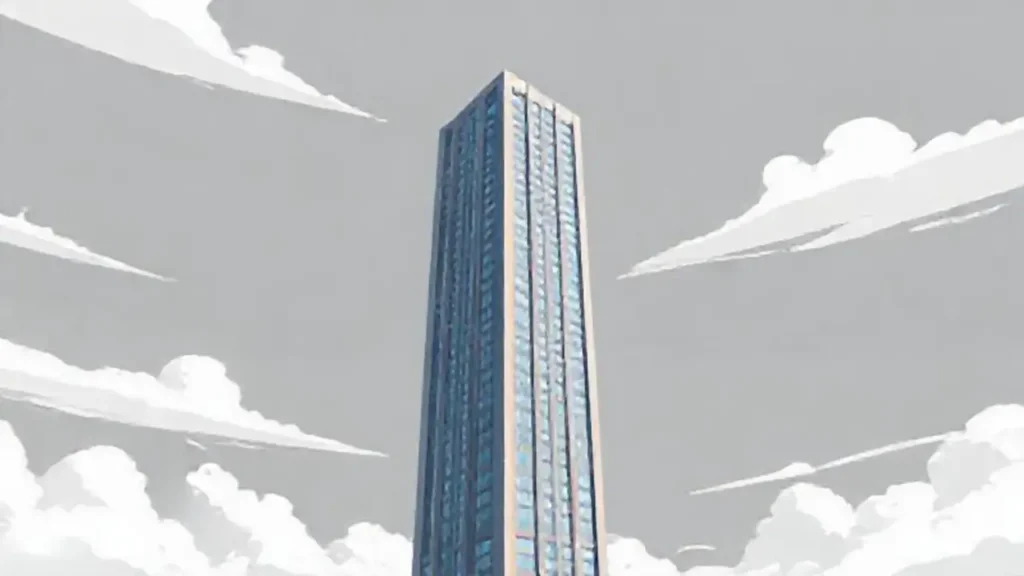 Edificio alto bajo un cielo gris