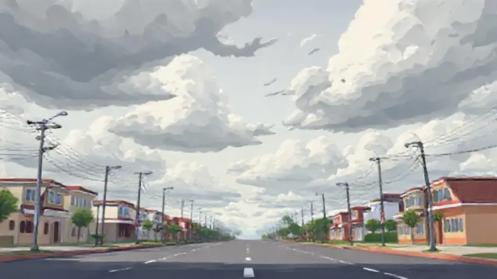 Nubes grises sobre una calle vacía