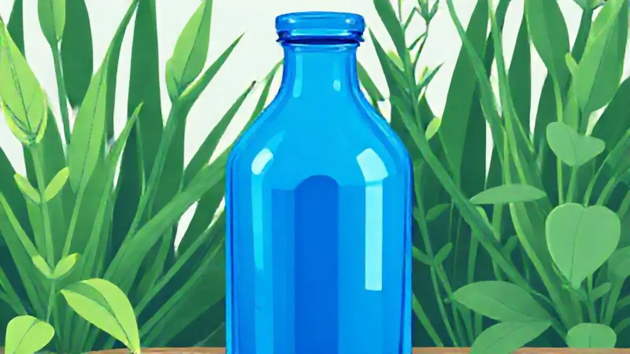 Una botella azul junto a plantas verdes
