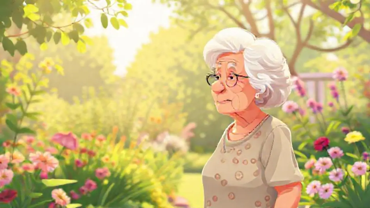 Mujer mayor en jardín soleado
