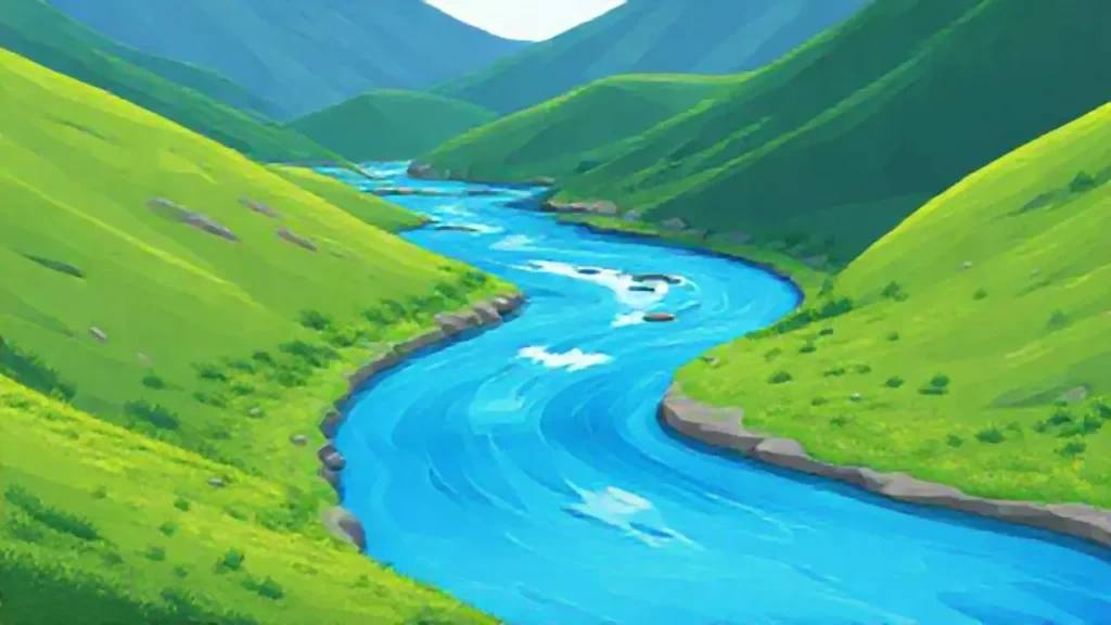 Río azul entre verdes colinas