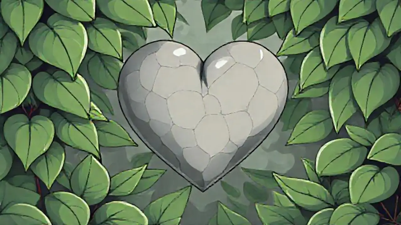 Un corazón gris fluye entre hojas verdes