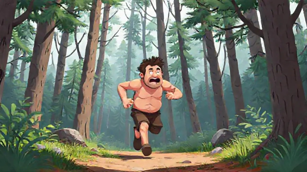 Hombre sudoroso corre por el bosque