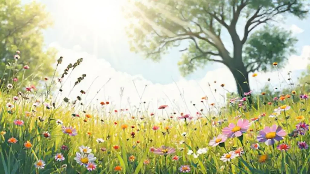 Prado soleado con flores silvestres