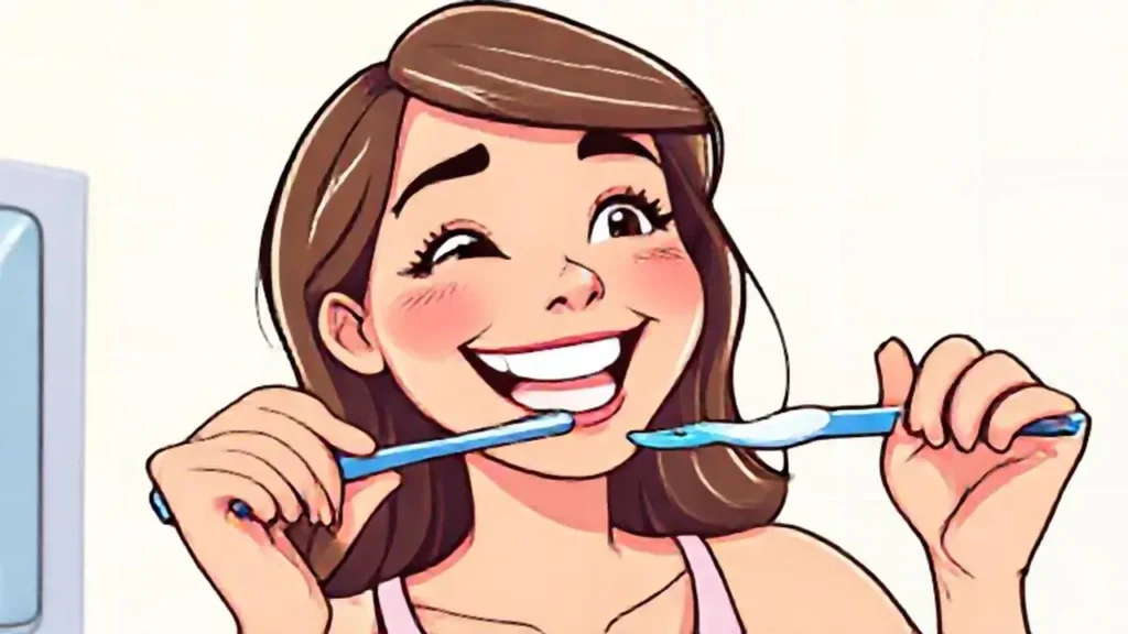 Mujer sonriente cepillándose los dientes