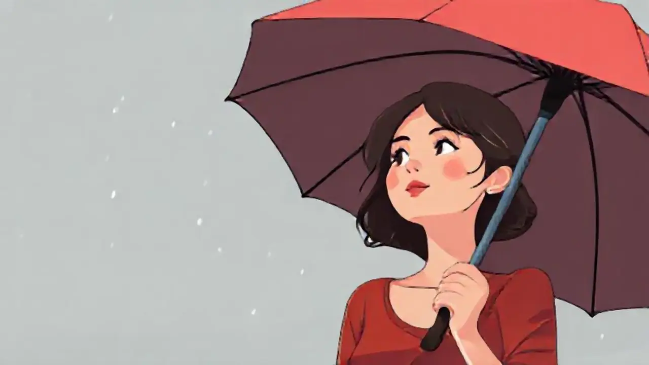 Mujer con paraguas bajo el cielo gris