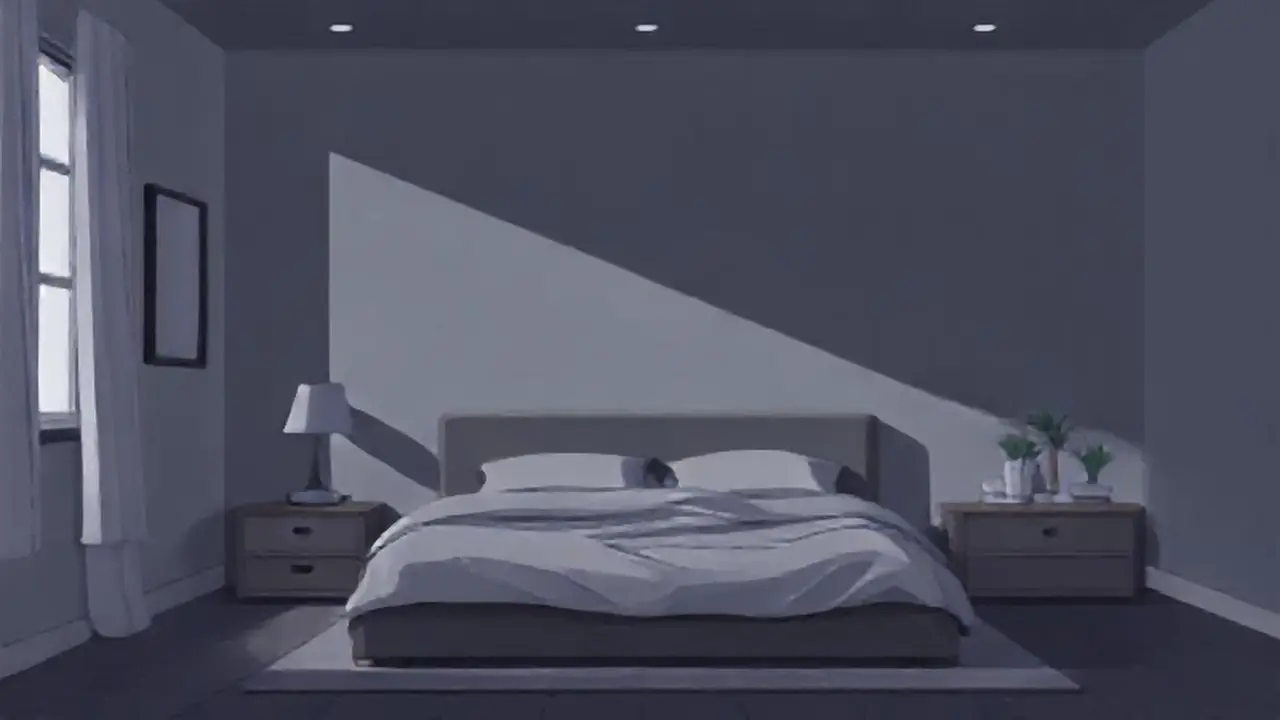 Dormitorio gris con luz tenue
