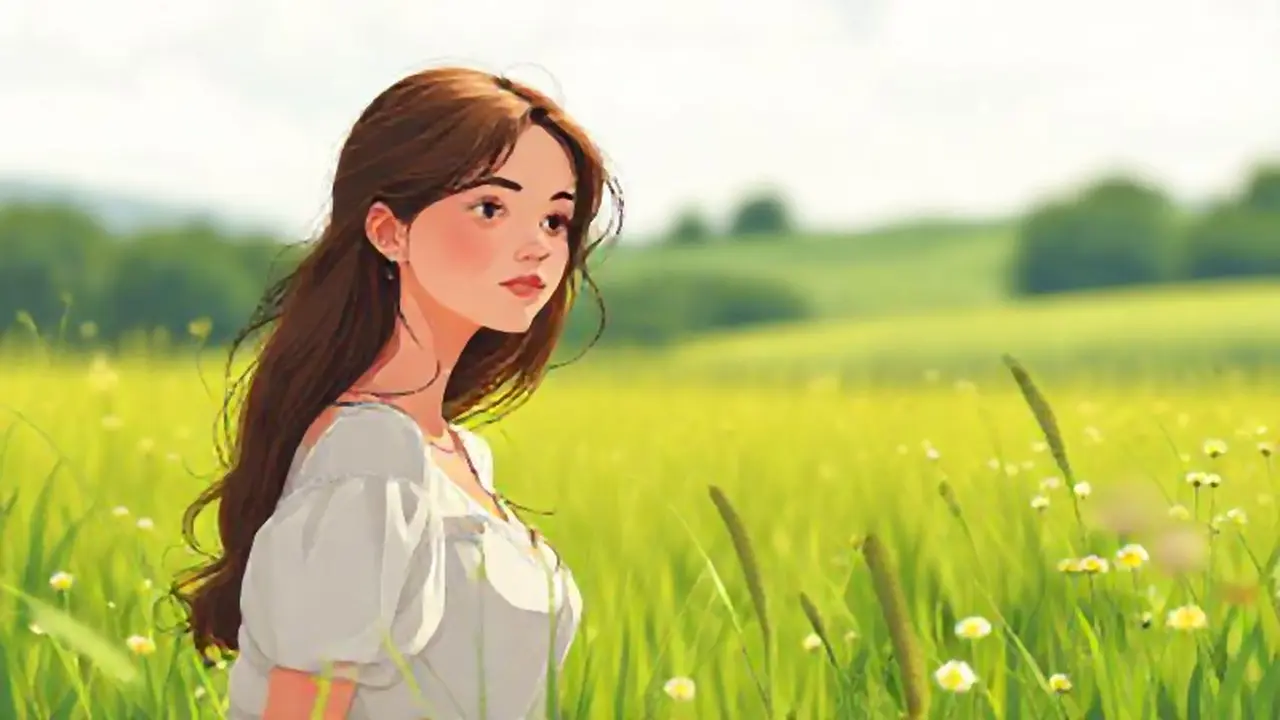 Mujer joven en pradera verde