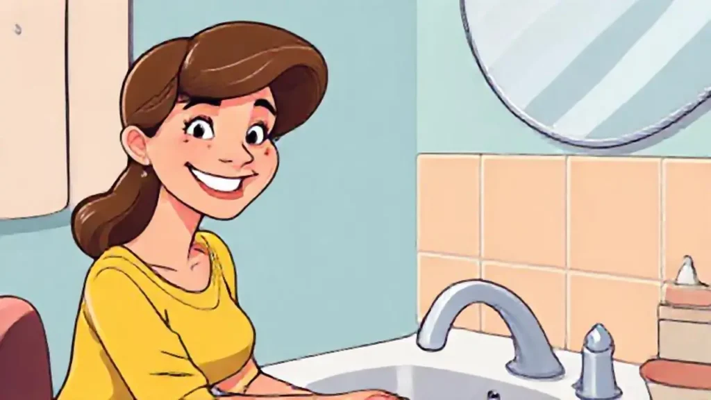 Mujer sonriente junto al lavabo