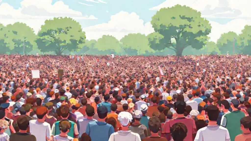 La gente se reúne en un campo abierto