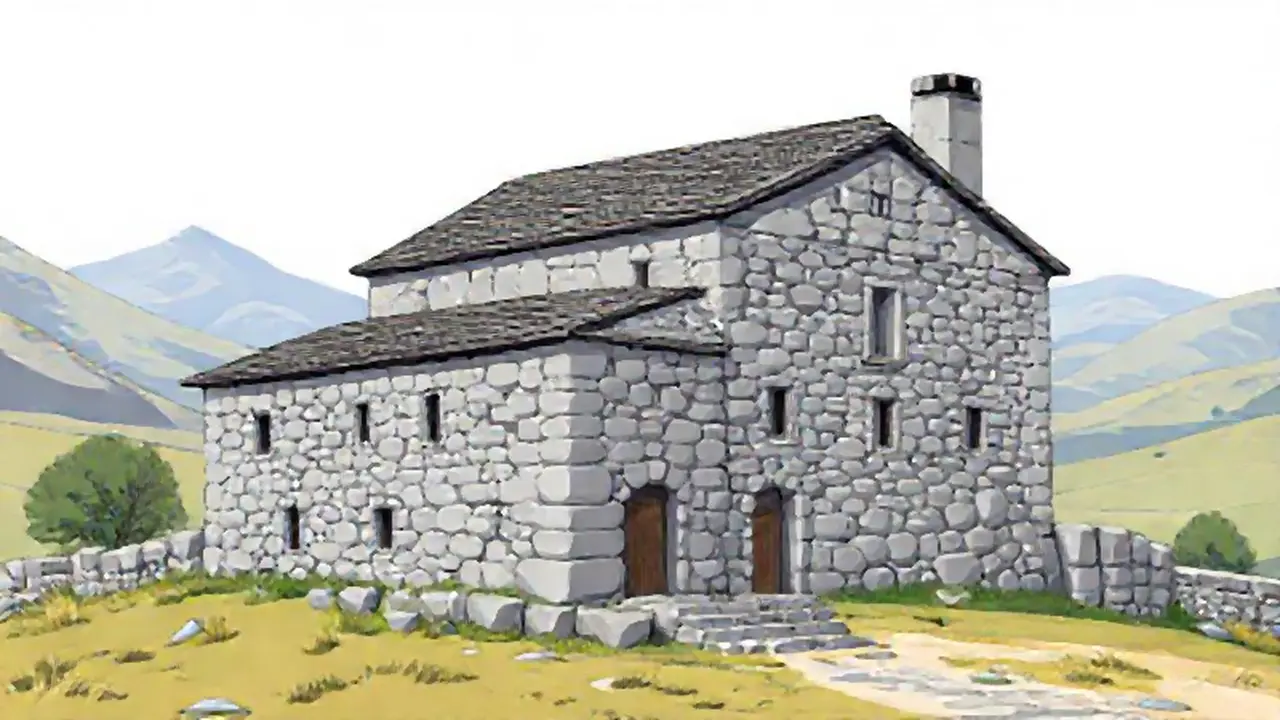 Edificio gris, colinas lejanas