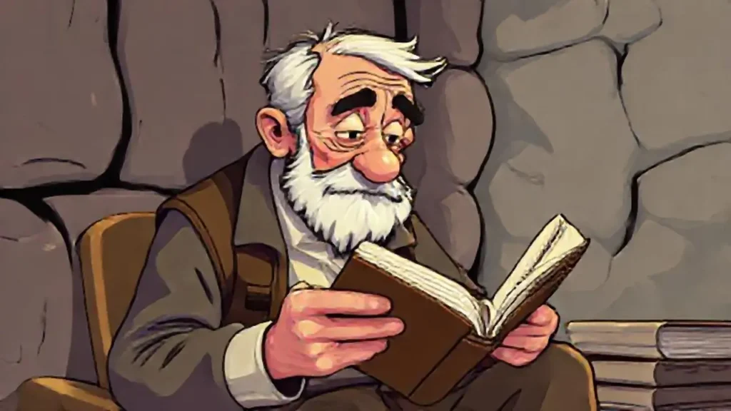 Un anciano lee un libro polvoriento