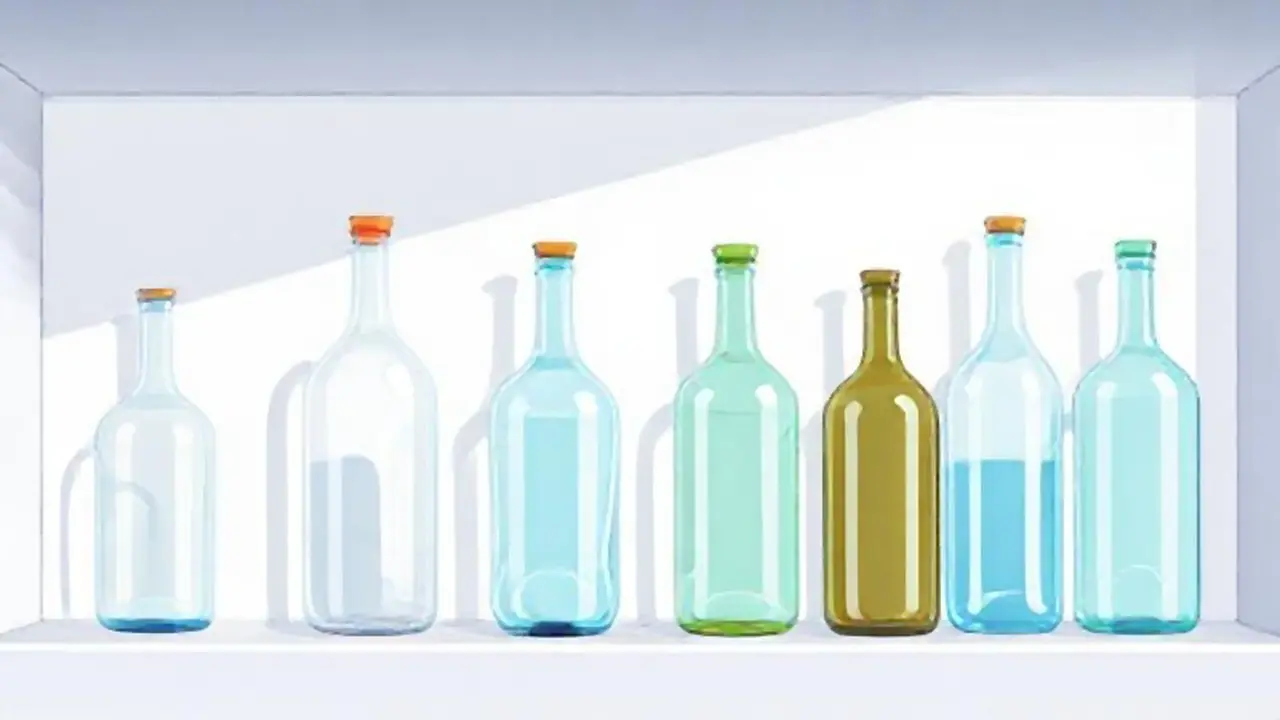 Botellas de vidrio en estante blanco