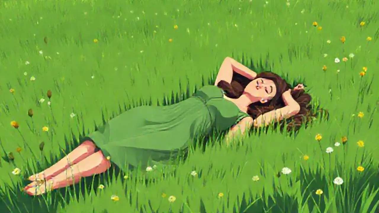 Mujer descansando en un prado verde