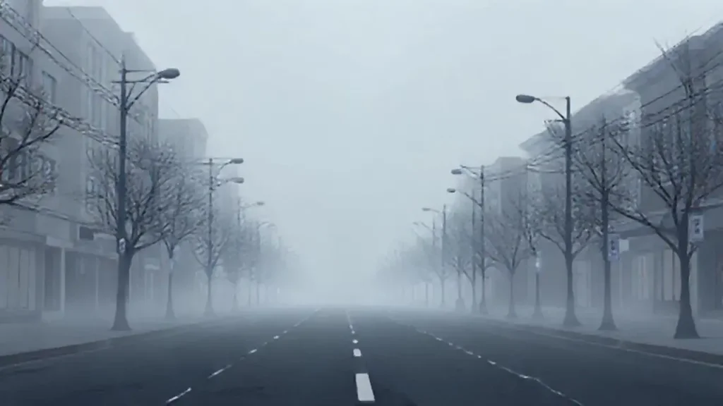 Niebla gris sobre una calle vacía