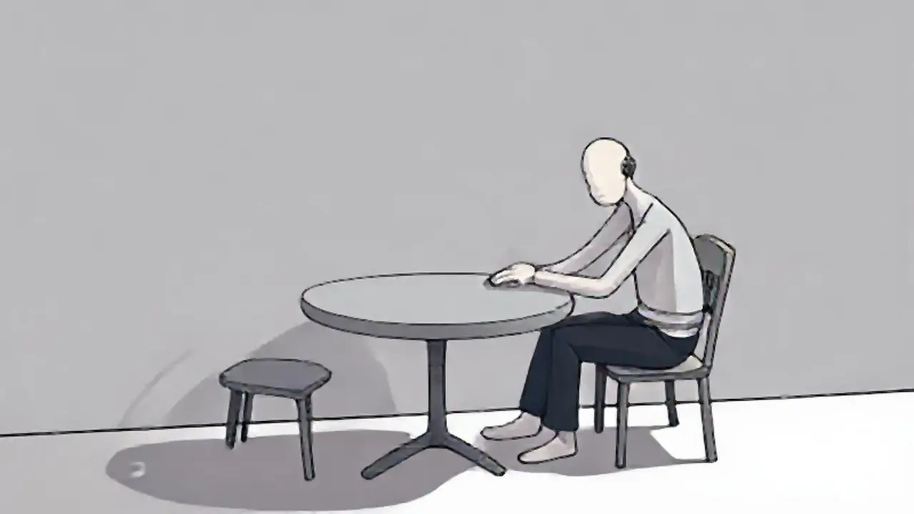 El hombre pálido está junto a la mesa gris
