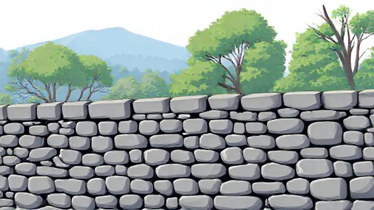 Muro de piedra gris, árboles lejanos