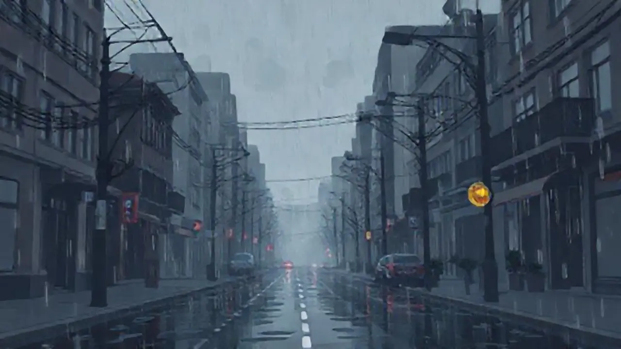 Lluvia gris sobre calle oscura