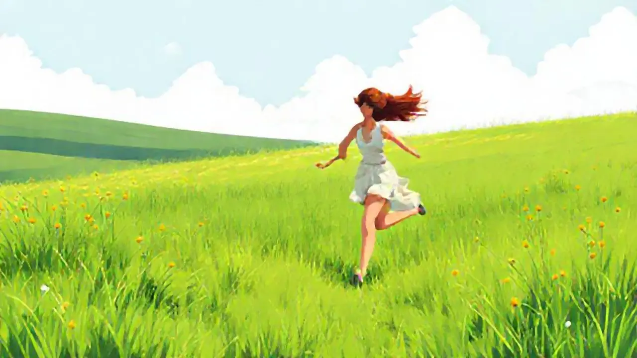 Mujer corre por pradera verde