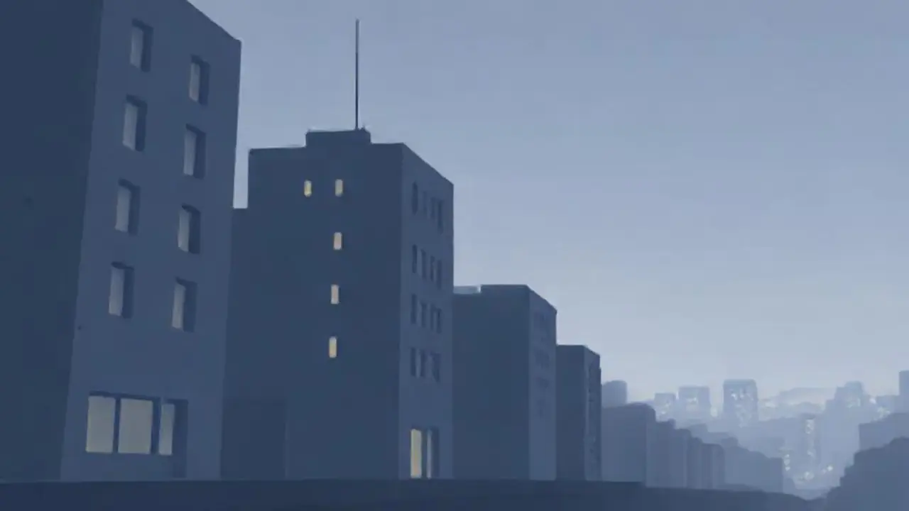 Edificio gris, luces lejanas