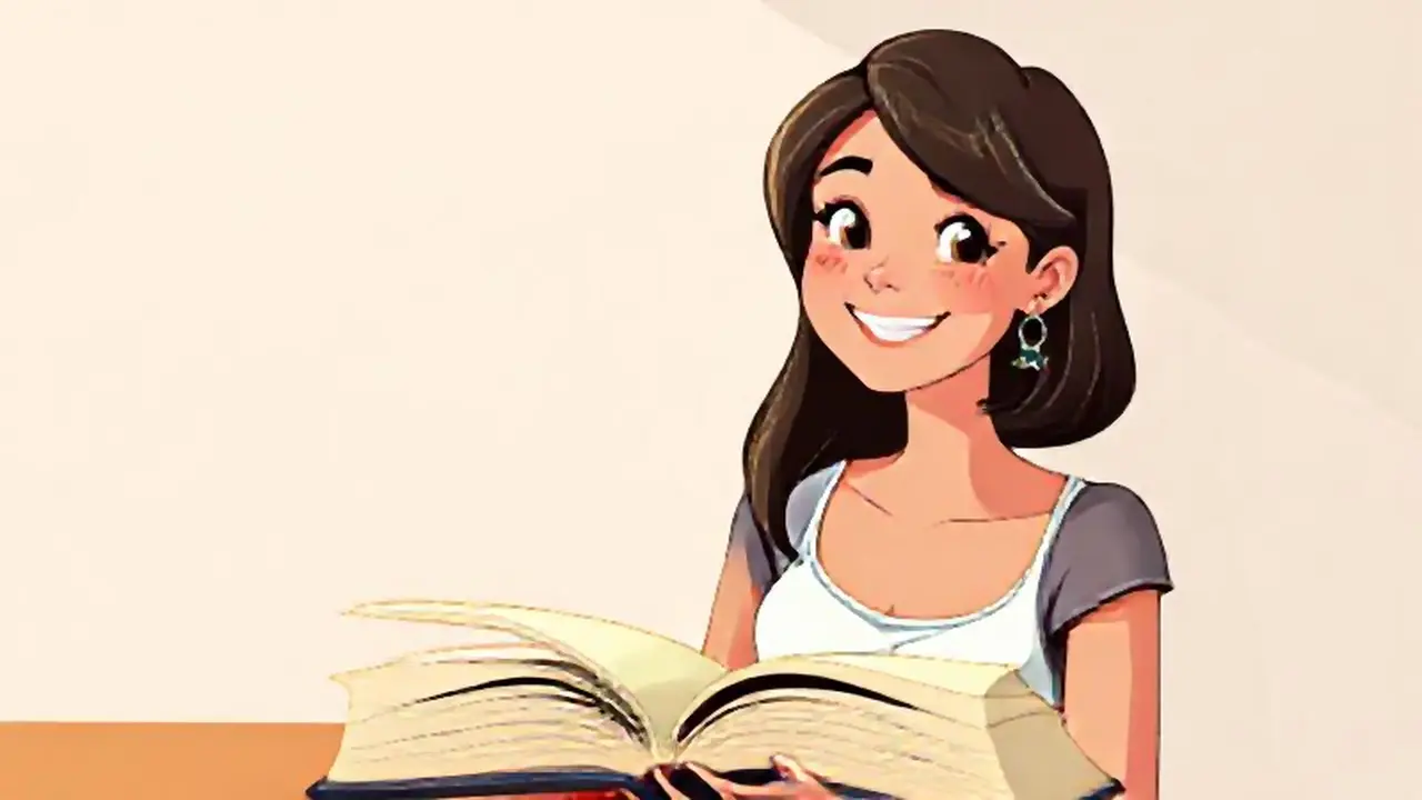 Mujer sonriente junto a un libro abierto