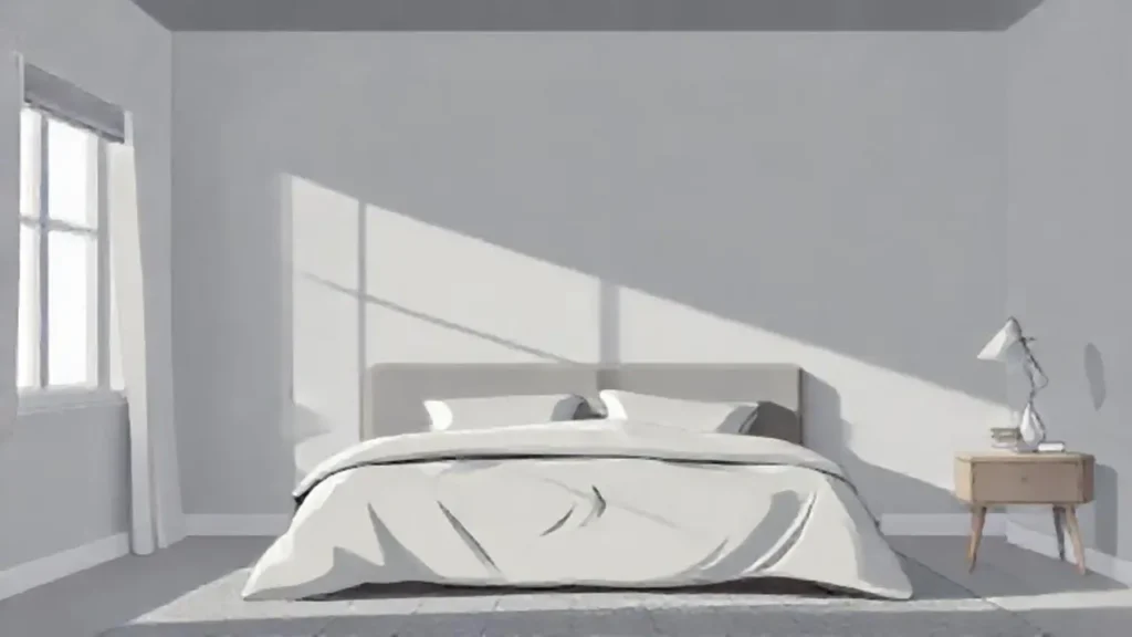 Dormitorio gris con luz tenue