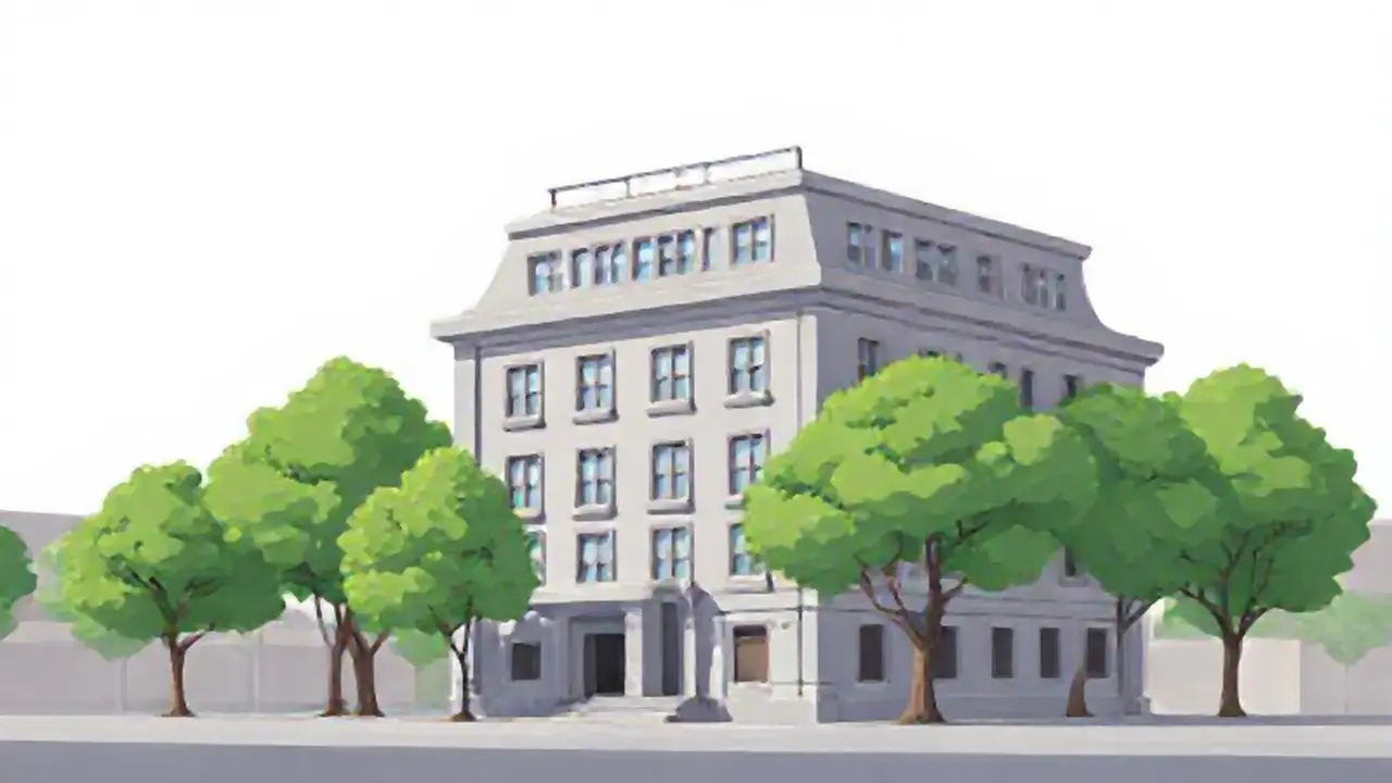 Edificio gris con árboles verdes