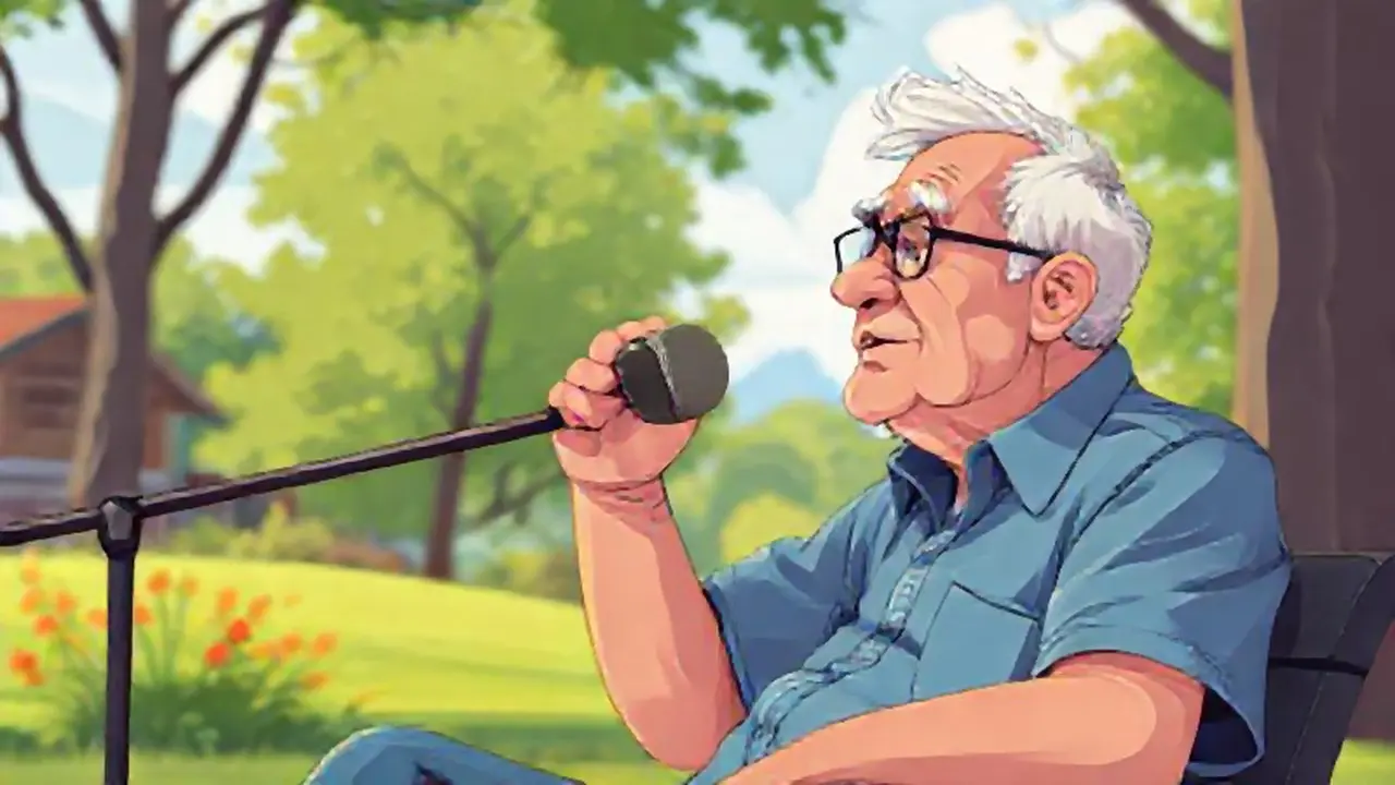Un anciano escucha música al aire libre