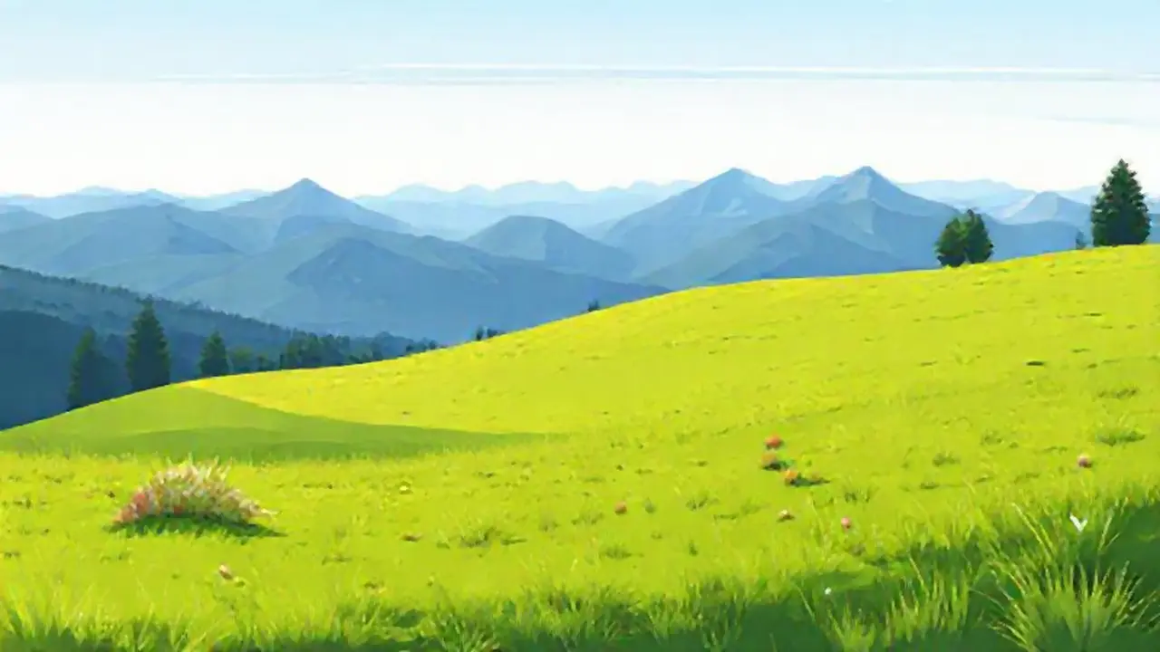 Pradera verde, montañas lejanas