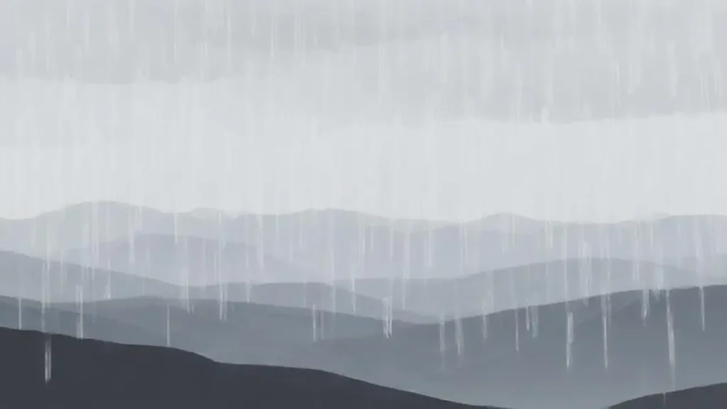 Lluvia gris sobre colinas lejanas
