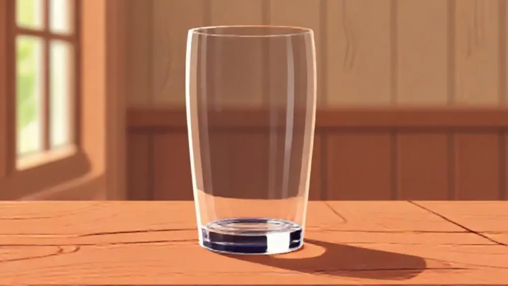 Un vaso vacío sobre una mesa de madera