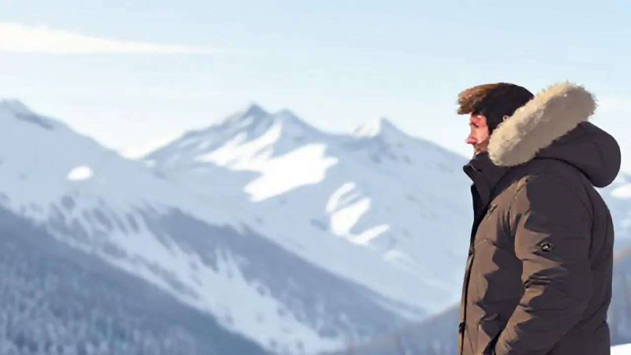 Hombre en abrigo, montañas nevadas