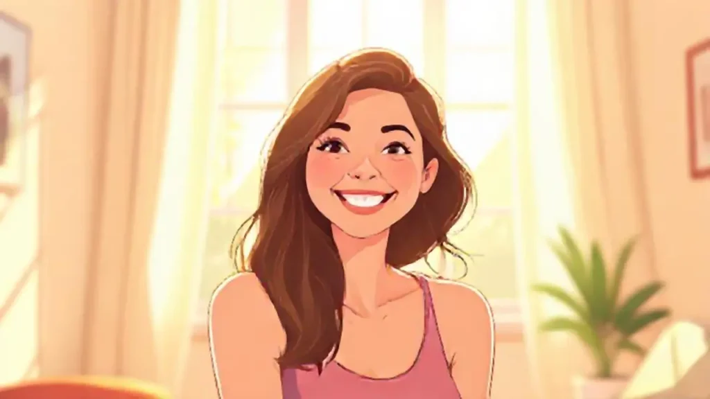 Mujer sonriente en habitación iluminada