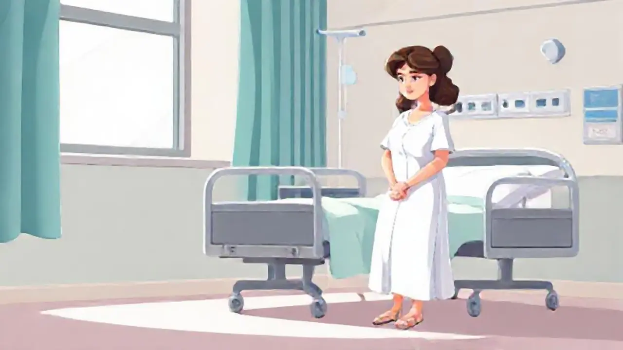 Mujer en blanco junto a la cama del hospital