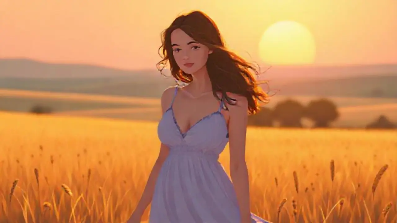 Mujer en campo, vestido soleado