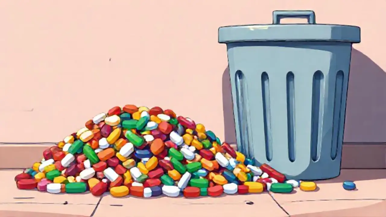 Píldoras de colores junto a la basura