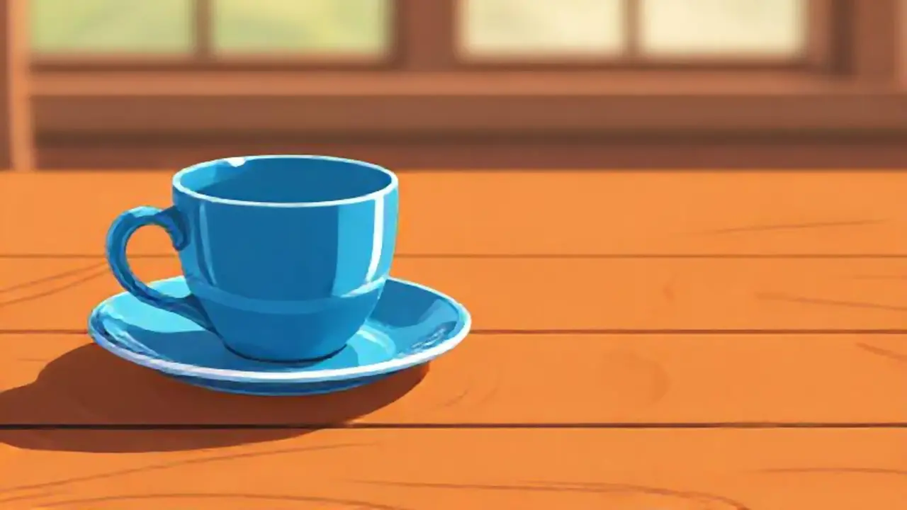 Taza azul sobre mesa de madera