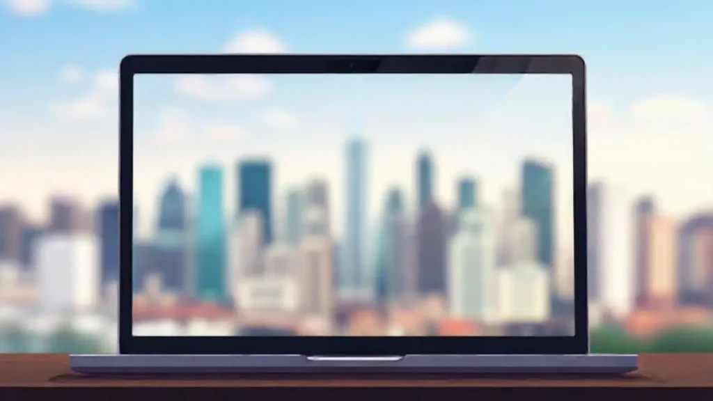 Pantalla de portátil con horizonte urbano desenfocado