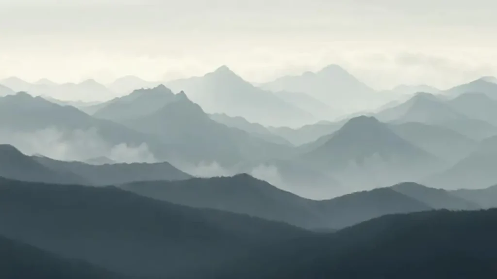 Montañas grises se desvanecen en la niebla