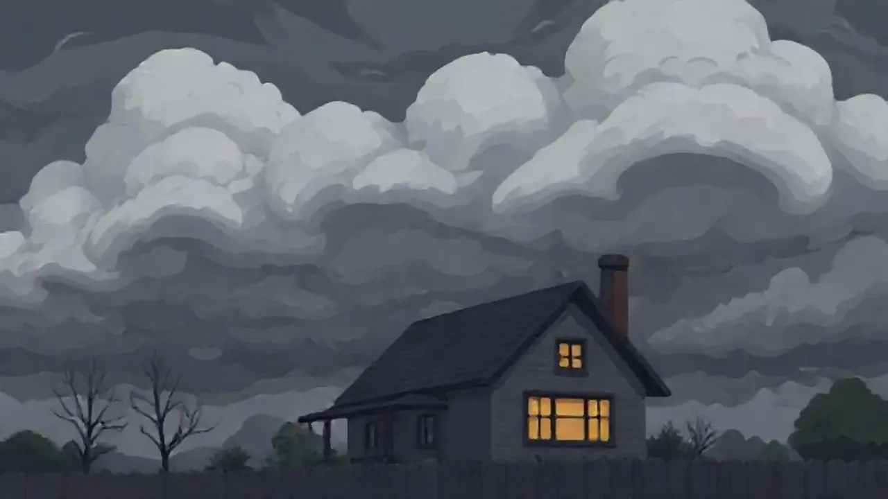 Nubes grises sobre una casa oscura