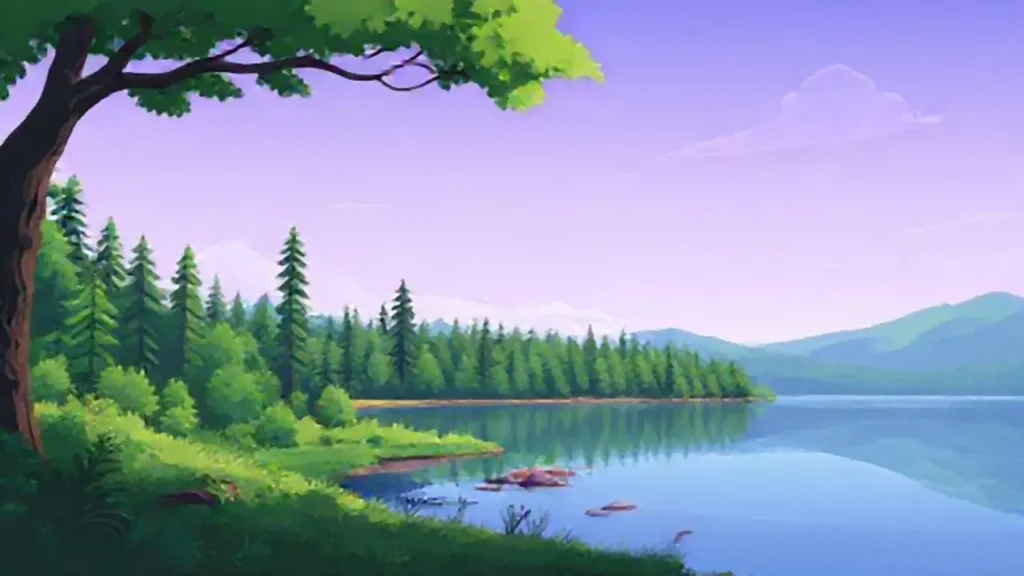 Bosque verde junto a un lago tranquilo