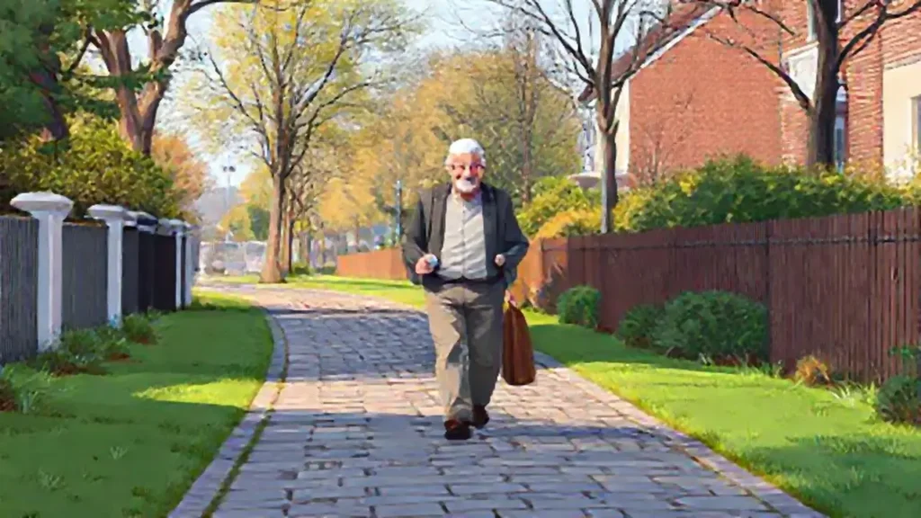 Un anciano camina por el camino