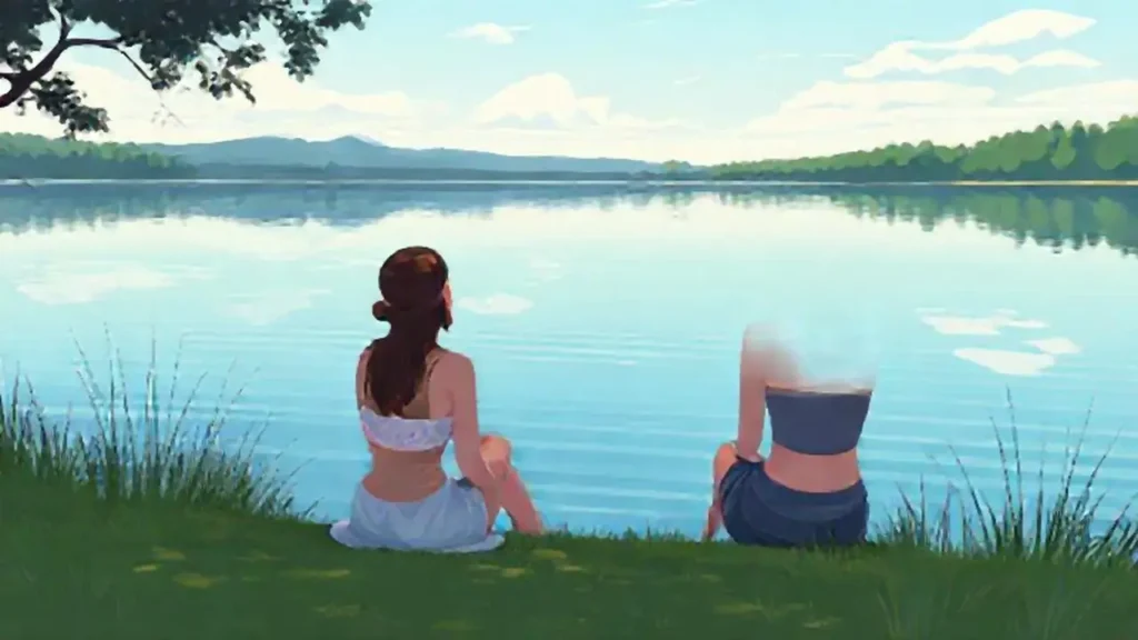 Mujer junto a un lago tranquilo