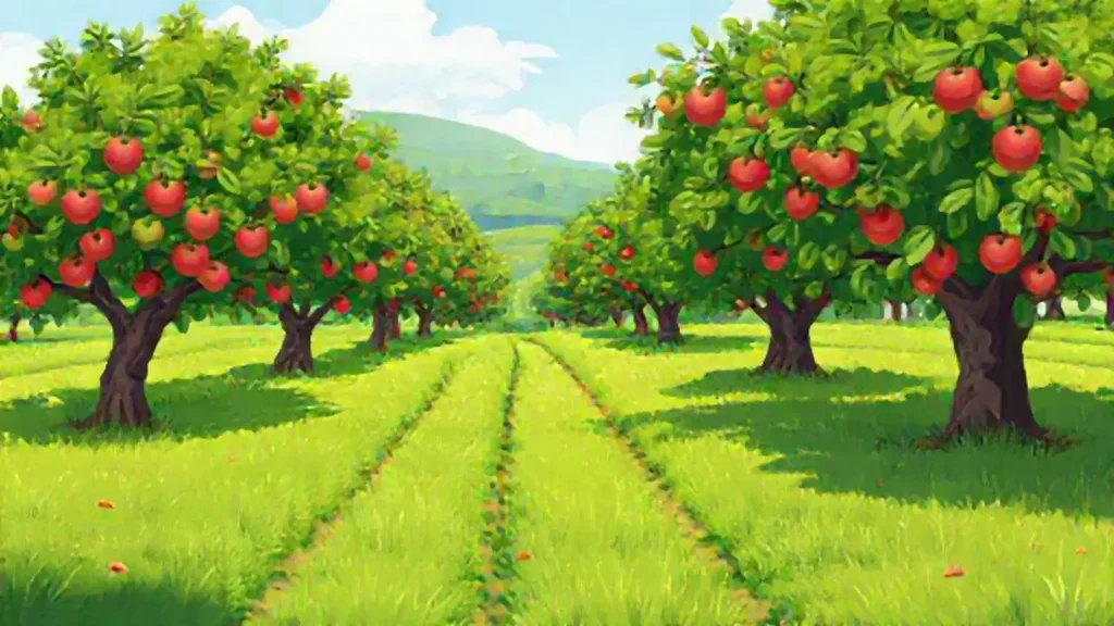 Campo verde con árboles frutales maduros